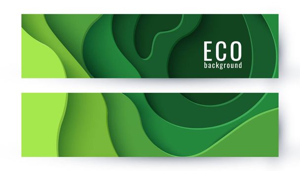 Set of two eco abstract green paper cut banners. Vector ecological backgrounds with 3d layered paper cut. Ecology design concept for business posters, presentations, flyers, invitations. - Vetor, Imagem