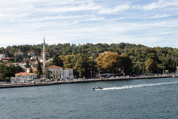 View of a boat passing on Bosphorus and Emirgan neighborhood on European side of Istanbul. It is a sunny summer day. Beautiful travel scene. - Foto, Imagen
