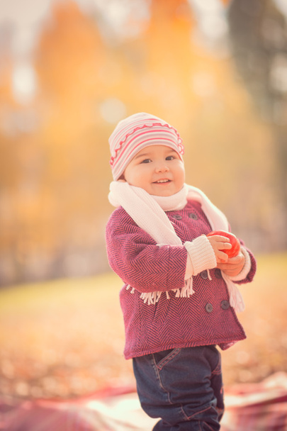 Beautiful outdoor autumn portrait of adorable toddler girl - Foto, afbeelding
