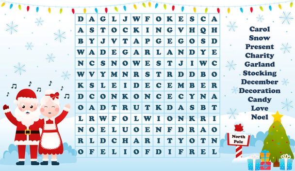 Christmas worksheet with word search game with santa claus and mrs claus singing carols, printable riddle for kids for winter holidays in cartoon style - Vektor, kép