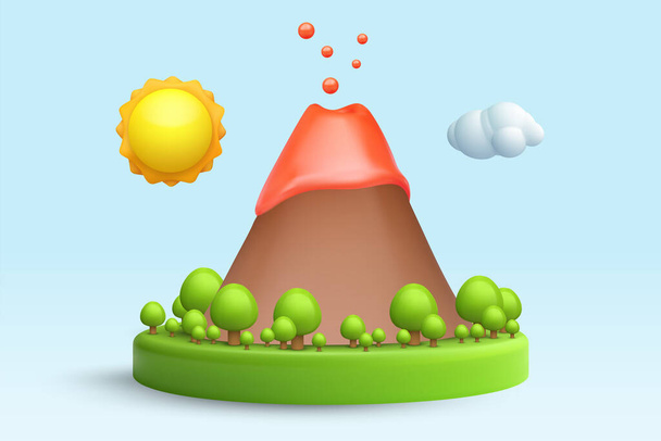 Realistic cartoon 3d volcano in minimal cute style. Green nature podium, pedestal or island with trees. Cute glossy modern children composition. Vector illustration. - Vettoriali, immagini