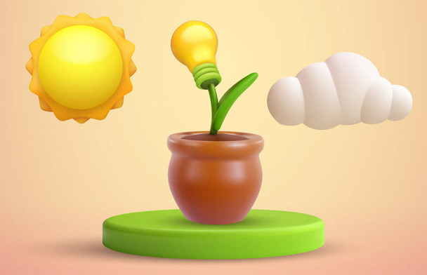 Green ecology alternative energy concept design. Bulb in pot on green podium. Creative abstract composition in 3d realistic minimal style. Cartoon modern vector illustration. - Vektori, kuva