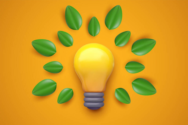 Lightbulb with green leafs isolated on orange background. 3d realistic vector illustration in minimal modern cartoon style. Creative glossy plastic concept design. Decorative ecology composition. - Wektor, obraz