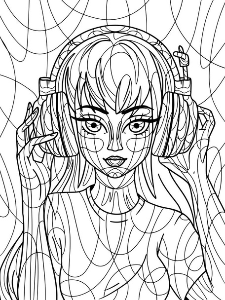 Girl in big headphones. Freehand sketch for adult antistress coloring page with doodle and zentangle elements. Coloring book raster illustration. - Foto, imagen