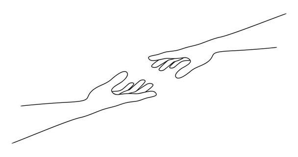 Female and male hands reaching for each other. A woman giving a hand to a man. Vector illustration in minimalist line art style - Vektor, obrázek