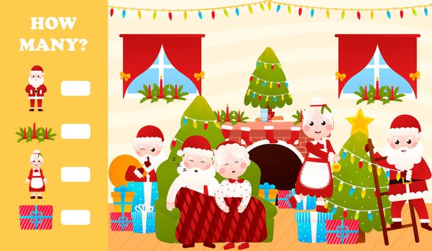 Рождественская загадка для детей с Санта-Клаусом и миссис Клаус, распечатка рабочего листа для детей в мультяшном стиле, сколько игр - Вектор,изображение