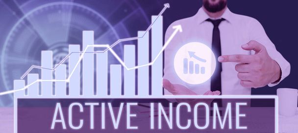 Inspiration showing sign Active Income, Word Written on Royalties Salaries Pensions Financial Investments Tips Businessman Pointing On A Chart Showing Crucial Diagrams And Data. - 写真・画像