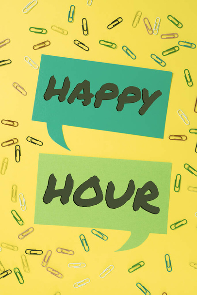 Inspiration showing sign Happy Hour, Conceptual photo Spending time for activities that makes you relax for a while Colorful Paperclips Placed Around Two Speech Bubbles With Important News. - Foto, imagen