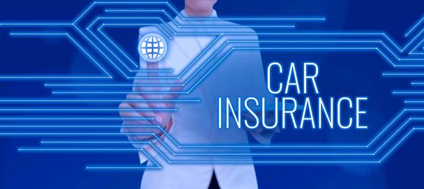 Conceptual display Car Insurance, Conceptual photo Accidents coverage Comprehensive Policy Motor Vehicle Guaranty Businessman in suit holding tablet symbolizing successful teamwork. - Fotografie, Obrázek