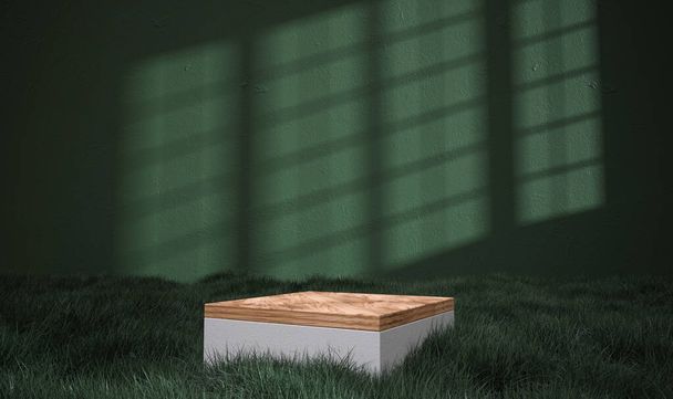 In a dark green room, among the green beautiful grass, a wooden podium for product demonstrations - 3D rendering - Foto, Imagen
