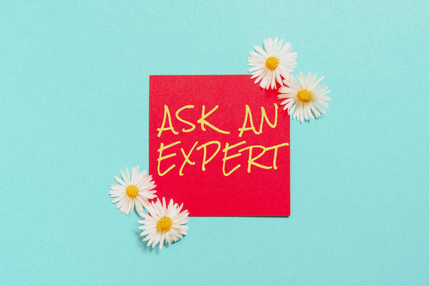 Text showing inspiration Ask An Expert, Business overview Superior Reliable Ace Virtuoso Curapp storeity Authority Geek Sticky Note With Important Messages With Flowers On Both Sides. - Foto, Imagen
