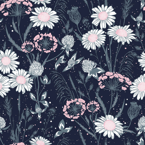 Delicate wild meadow print - seamless vector background. Vector seamless pattern with daisies, clovers, wild grass on navy blue. Perfect for textile, fabric, wallpapers, grathic art, printing etc. - Wektor, obraz