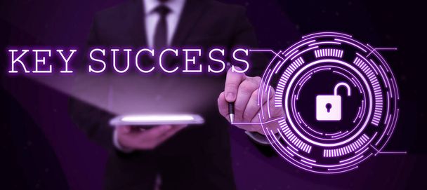 Sign displaying Key Success, Business idea generally three to five areas that company may focus on Businessman in suit holding open palm symbolizing successful teamwork. - Foto, Bild