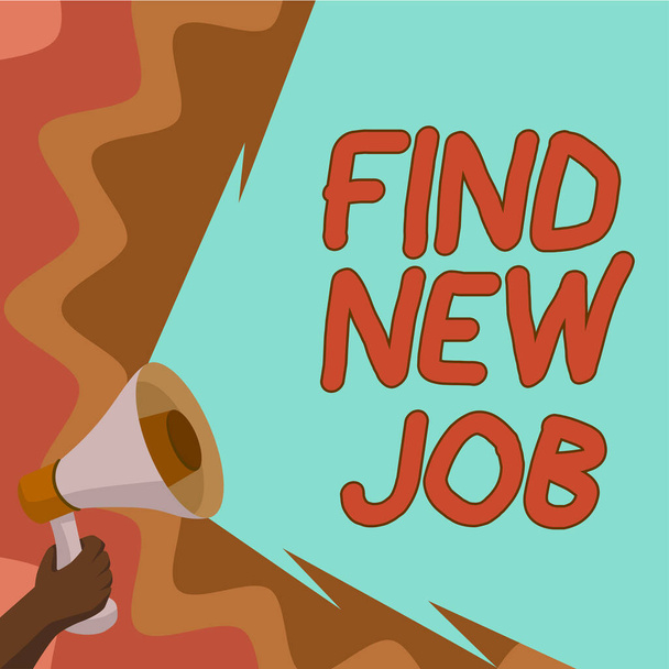 Sign displaying Find New Job, Business overview Searching for new career opportunities Solution to unemployment Man Holding Megaphone And Presenting Important Informations. - Zdjęcie, obraz