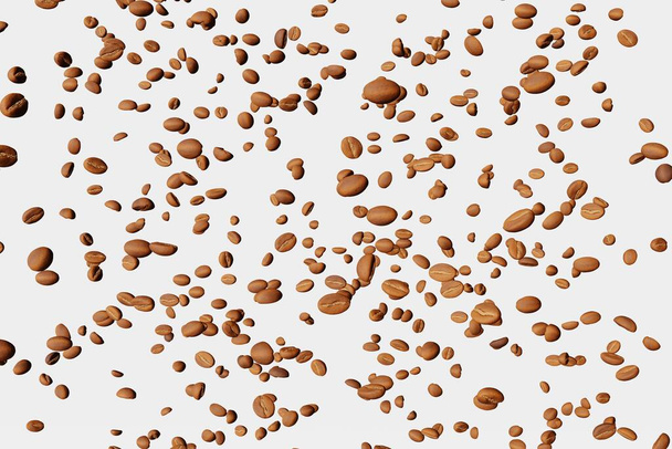 Falling coffee beans pattern white background isolated shadows 3D rendering. Flying floating arabica grains espresso latte cappuccino hot drinks sale. Coffee roasters shop product delivery advertising - Photo, Image