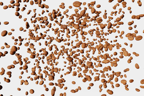 Falling coffee beans pattern white background isolated shadows 3D rendering. Flying floating arabica grains espresso latte cappuccino hot drinks sale. Coffee roasters shop product delivery advertising - 写真・画像