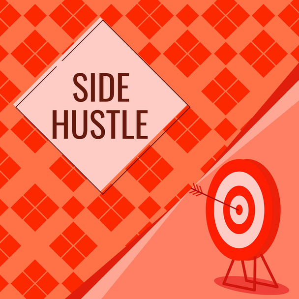 Γράφοντας εμφάνιση κειμένου Side Hustle, Business τρόπο έννοια κάνει κάποια επιπλέον μετρητά που σας επιτρέπει την ευελιξία να ακολουθήσει Στόχος με Bullseye Αντιπροσωπεύοντας επιτυχής Ολοκληρώθηκε το έργο. - Φωτογραφία, εικόνα