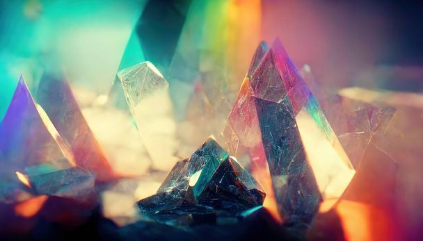 Shiny glass crystals and prisms with color spectrum rays. Abstract rainbow color beams optic reflection effects background. Digital art. - 写真・画像