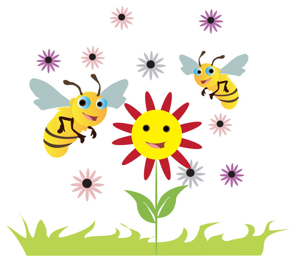Two cute honey bees flying around a happy flower - Vektor, kép