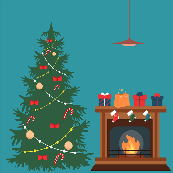 New Year or Christmas. House or apartment decorated with a Christmas tree.Vector illustration. - Vektori, kuva