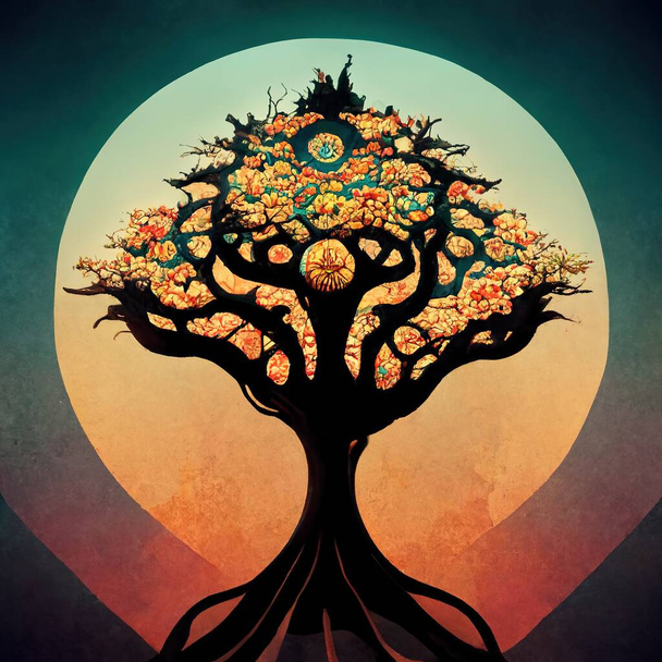 Beautiful illustration of magic tree of life, sacred symbol. Personal individuality, prosperity and growth concept. Retro vintage style digital art. - 写真・画像