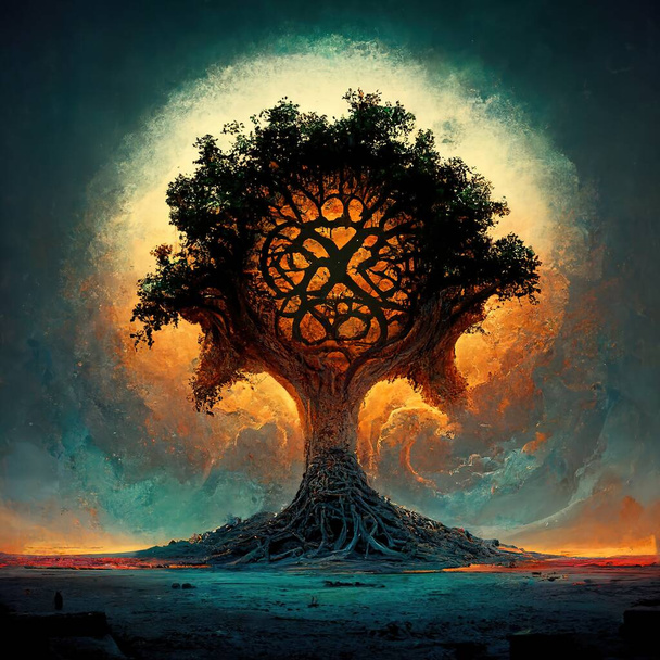 Прекрасная иллюстрация волшебного дерева жизни, священный символ. Индивидуальность, процветание и концепция роста. Цифровое искусство. - Фото, изображение