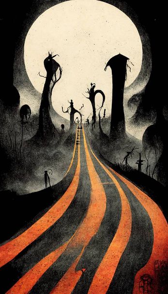 Apocalyptic road or highway to hell with flames and ruins on the side of the road. Life after death religious concept illustration. Digital art. - Photo, image