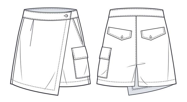 Σύντομη τεχνική απεικόνιση μόδας παντελόνι. High Waisted Shorts, Skirt fashion flat sketch template, μπροστά, πίσω όψη, λευκό, γυναίκες, CAD mockup. - Διάνυσμα, εικόνα