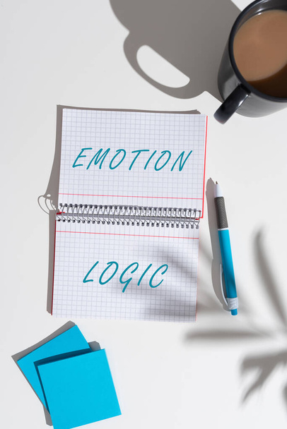 Handwriting text Emotion Logic, Business idea Heart or Brain Soul or Intelligence Confusion Equal Balance Notebook With New Ideas On Both Sides On Desk With Coffee, Pen And Notes. - Foto, Imagem