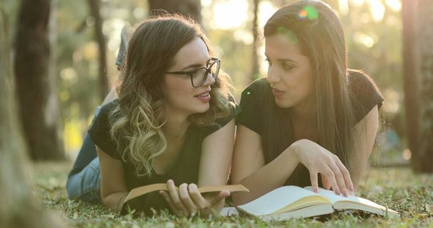 Students lying on grass reading books in the sunlight outdoors. Campus girls together studying at the park - Foto, imagen