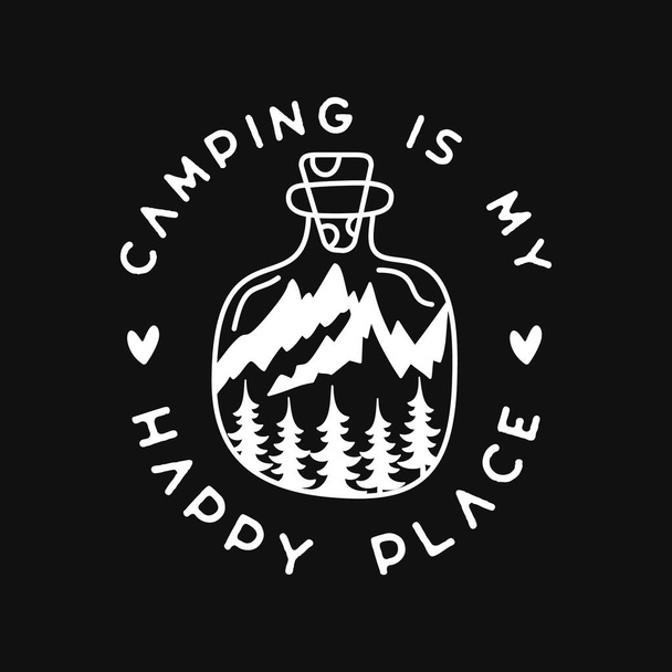 Camping silhouette line art logo design. Vintage adventure linear badge design. Outdoor crest label with mountains inside the jar. Travel emblem isolated. Stock isolated. - Foto, Bild