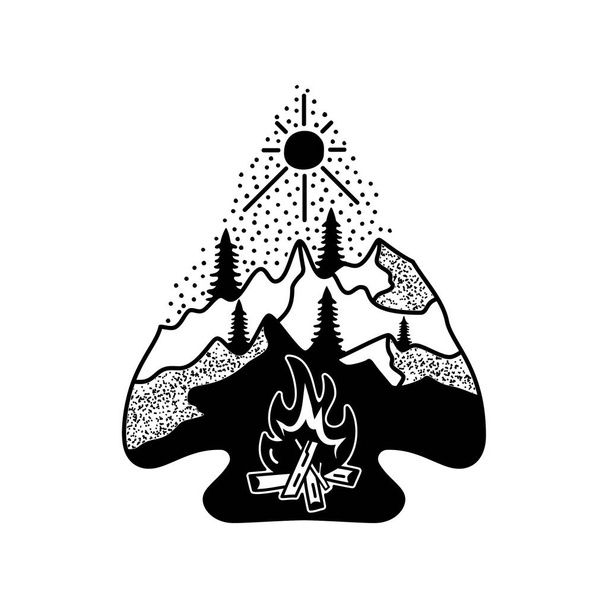 Camping adventure badge design. Outdoor crest logo with campfire and mountains. Travel silhouette label isolated. Sacred geometry. Stock tattoo graphics label. - Fotografie, Obrázek
