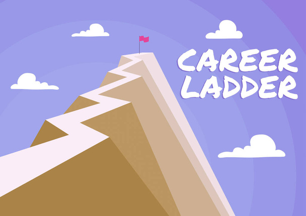 Hand writing sign Career Ladder, Business idea Job Promotion Professional Progress Upward Mobility Achiever Mountain showing high road symbolizing reaching goals successfully. - Photo, image