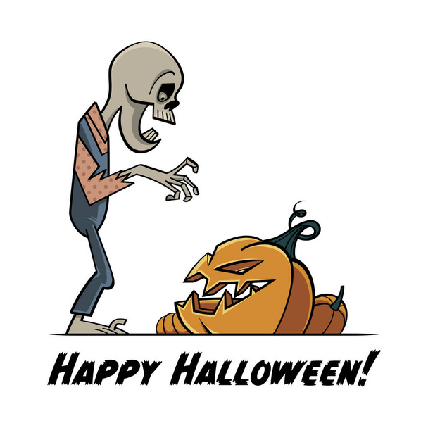 Зомби и тыква - счастливого Хэллоуина праздник изображения. Страшные и жуткие персонажи, иллюстрация для поздравительной открытки. Изолированный на белом фоне. - Вектор,изображение