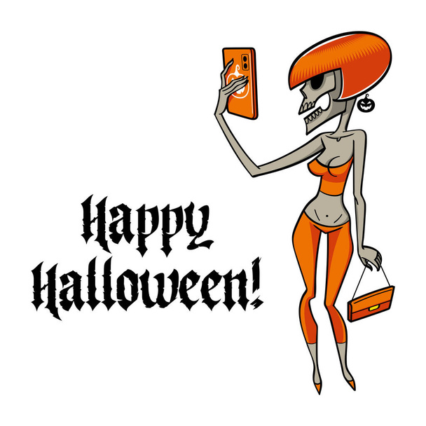 Fashionable zombie woman taking a picture of herself on her phone - happy Halloween holiday image. Scary and spooky character, illustration for greeting card. Isolated on white background. - Vector, Image