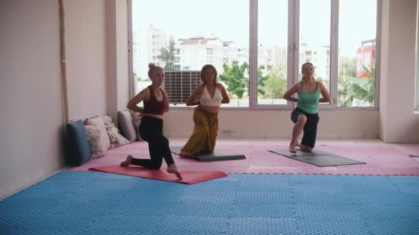 Three women standing on yoga mats on their knees and doing the exercises in the studio with big windows. Mid shot - Video