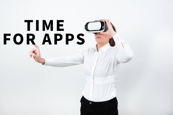 Text sign showing Time For Apps, Business approach The best fullfeatured service that helps communicate faster Woman Wearing Vr Glasses And Pointing On Important Message With One Finger. - Foto, Imagem