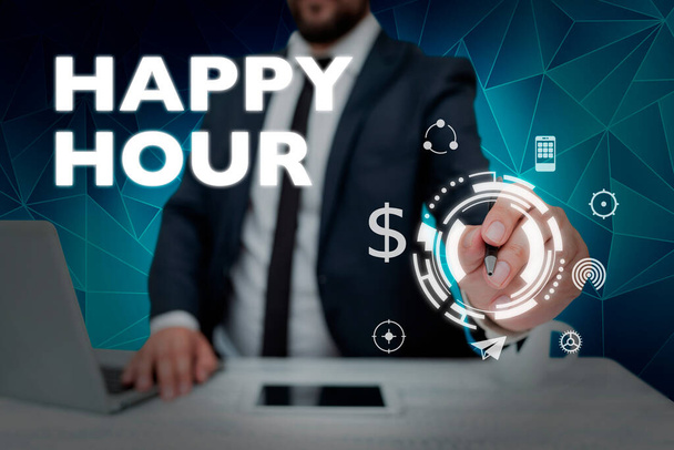 Inspiration showing sign Happy Hour, Business overview Spending time for activities that makes you relax for a while Businessman in suit holding pen representing innovative thinking. - Foto, afbeelding