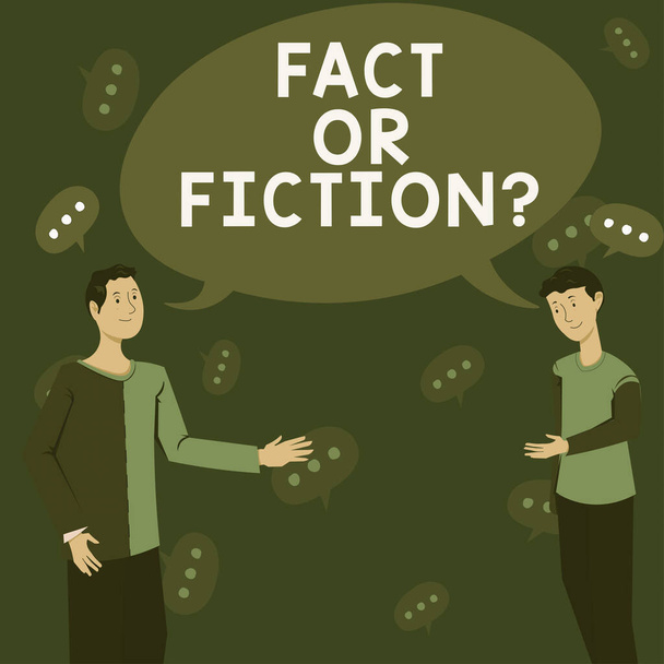 Text caption presenting Fact Or Fiction, Internet Concept Is it true or is false doubt if something is real authentic Two Colleagues Standing Discussing New Ideas With Big Speech Bubble - Foto, Imagem