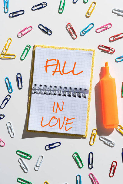 Text sign showing Fall In Love, Concept meaning Feeling loving emotions about someone else Romance Happiness Important Message Written On Notebook With Colorful Paperclips Around. - Photo, Image