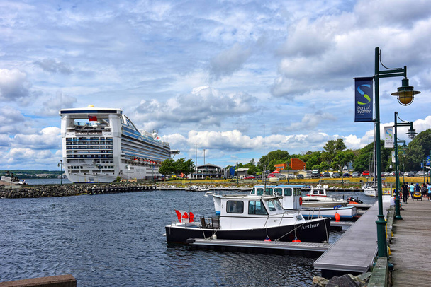 Sydney, Canada - August 2, 2022: Ships docked at the Port of Sydney in Cape Breton, Nova Scotia. Sydney is a popular cruise destination and houses several cruise ships including the Caribbean Princess which can be seen docked on the left. - 写真・画像