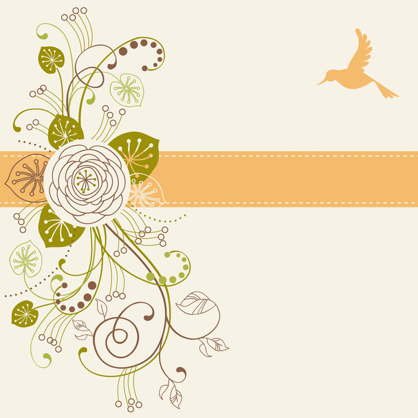 Cartão com flores, pássaro, fita
 - Vetor, Imagem