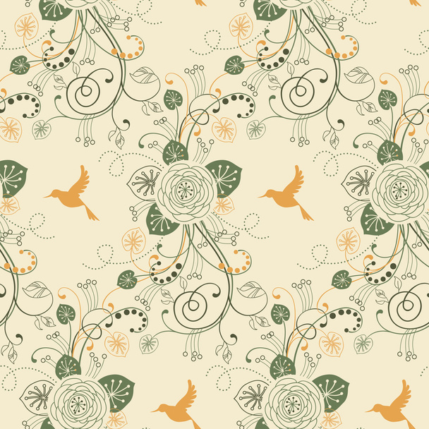 Seamless pattern with flowers, birds - Vector, Imagen