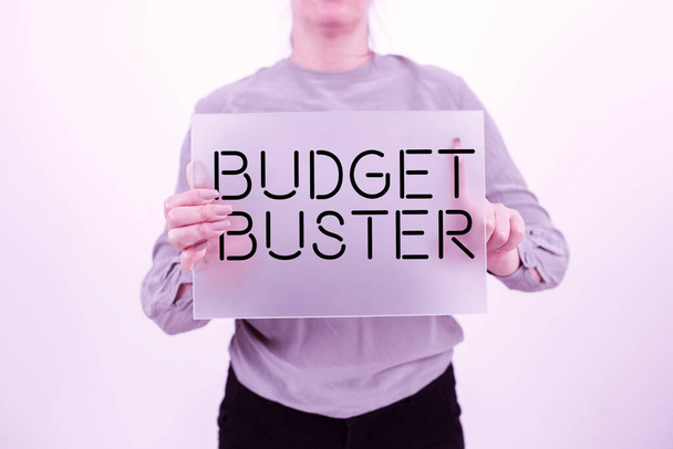 Inspiration showing sign Budget Buster, Internet Concept Carefree Spending Bargains Unnecessary Purchases Overspending Businesswoman Holding Tablet Showing Graphical Padlock And Circle. - Zdjęcie, obraz