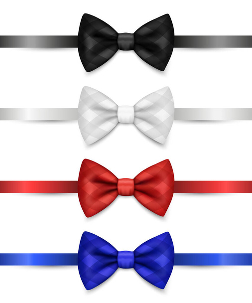 Vector 3d Realistic Black, White, Red, Blue Checkered Bow Tie Set Isolated. Silk Glossy Bowtie, Tie Gentleman. Mockup, Design Template. Bow Tie for Man. Mens Fashion, Fathers Day Holiday. - Vektor, Bild