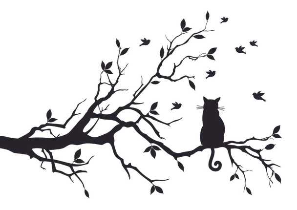 Gato em uma árvore com pássaros, vetor
 - Vetor, Imagem