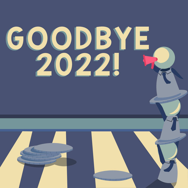 Conceptual display Goodbye 2022, Conceptual photo New Year Eve Milestone Last Month Celebration Transition Robots Standing Over One Another And Showing Important News With Megaphone. - Valokuva, kuva