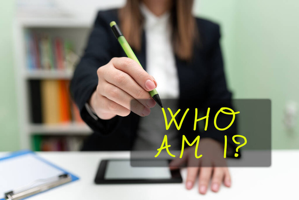 Writing displaying text Who Am I, Word Written on Introduce Identify yourself personality likes dislikes profile Businesswoman Having Tablet On Desk And Pointing New Ideas With Pen. - Photo, Image