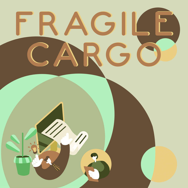 Text sign showing Fragile Cargo, Word Written on Breakable Handle with Care Bubble Wrap Glass Hazardous Goods Businessman Thinking New Ideas, Businesswoman Holding Document. - Fotó, kép