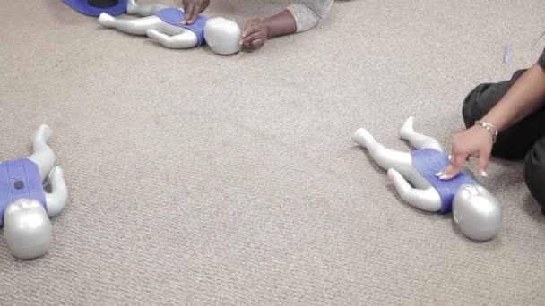 Персонал практикует первую медицинскую помощь с AED с куклами для взрослых и младенцев. - Кадры, видео